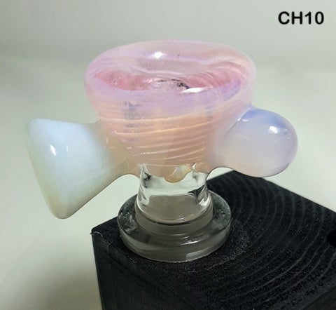 Champloo Glass - 18mm Worked Thick Bowl w/ Thick Handle (4 Holes) Pink & White - $100