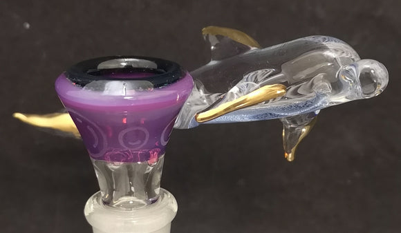 KOBB Glass - 14mm Worked Dolphin Handle Bowl (4 Hole) - Purple & Gold - $130