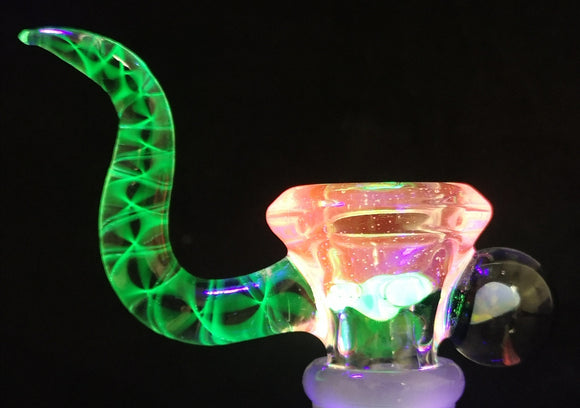 KOBB Glass - 18mm Worked Horn Bowl w/ Opal Chunk (4 Hole) - UV Green & Red - $130