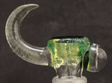 KOBB Glass - 18mm Worked Horn Bowl w/ Mushroom Millie (4 Hole) - UV Green w/ Crushed Opal - $130