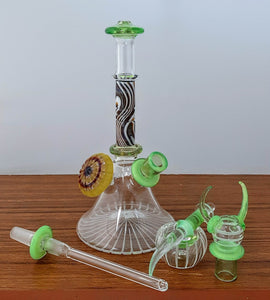 Pa Jay Glass - 10" Worked Mini Beaker Etched Glass Rig Removable Stem Set - $800