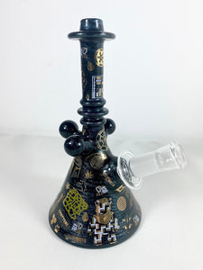 Team Death Star Glass - 7" Mini Beaker Full Color Rig Covered in Decals 14mm Male Joint - Sparkly Blue