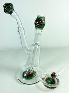 Squid Glass - 8.5" 14mm Male Joint Worked Bubbler Rig Set - Green/Red