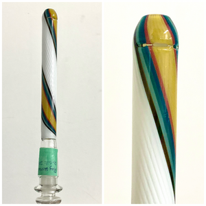 Mini Monster - 5 1/2" 18mm to 14mm Worked Orb Open End Downstem - Blue, Yellow & White - $200