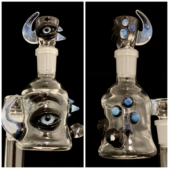 Drewp Glass - Set 18mm Sculpted Dry Ash Catcher & 18mm Matching Bowl - 90 Degree - Black/Blue